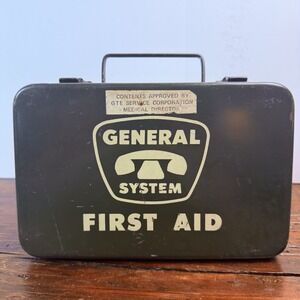 Vintage General System Telephone First Aid Kit Green Metal Box 8" c.1940s-50s